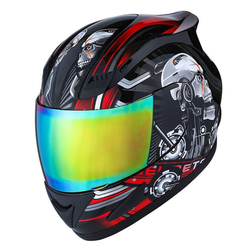 1Storm Motorcycle Bike Full FACE Helmet Mechanic Skull Size Medium - Tinted Visor RED - Image 2